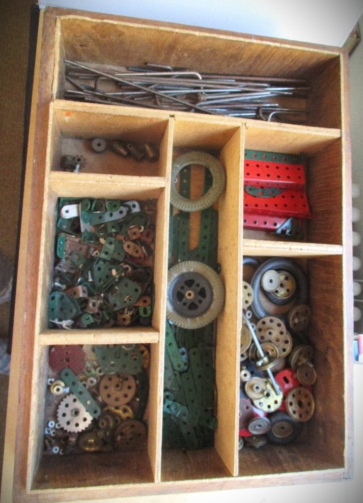 Meccano~Antiek Speelgoed Houten Bewaardoos+ extra box constr, Ophalen