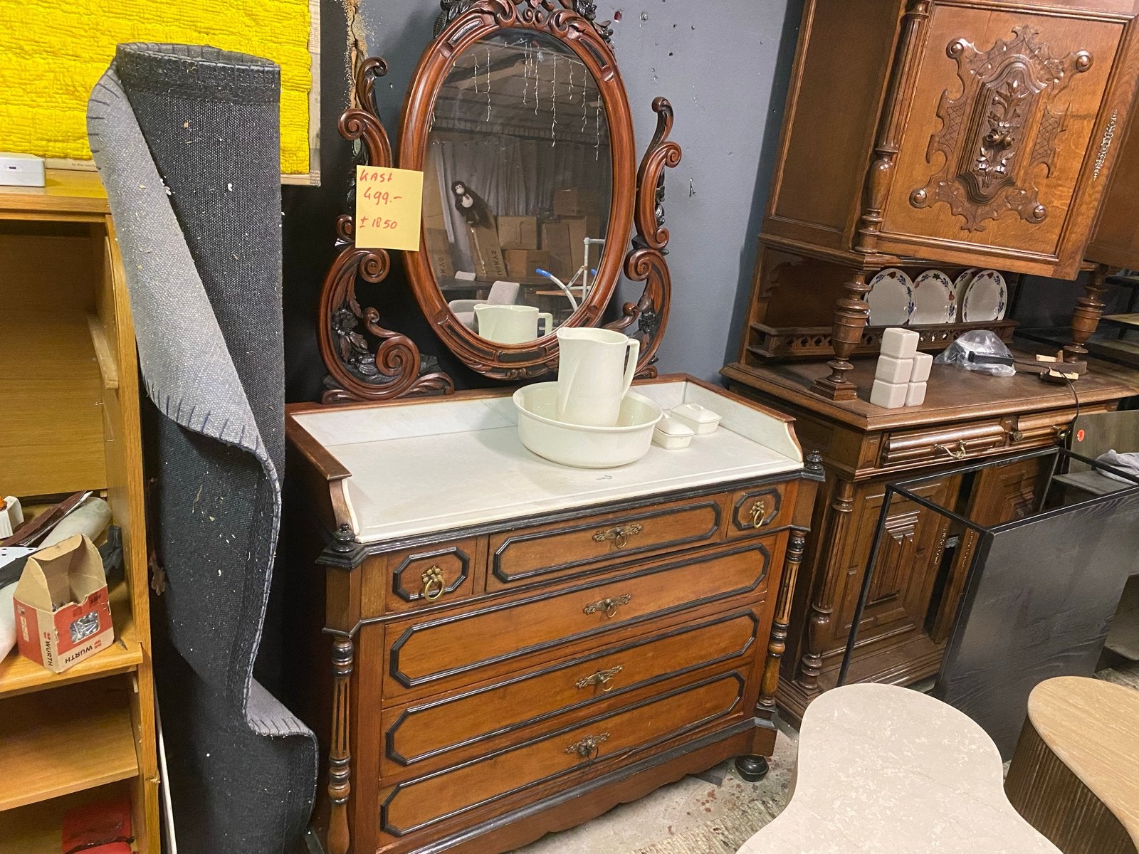 Antieke Wastafel Commode met Marmeren Blad en Kantelspiegel, Ophalen