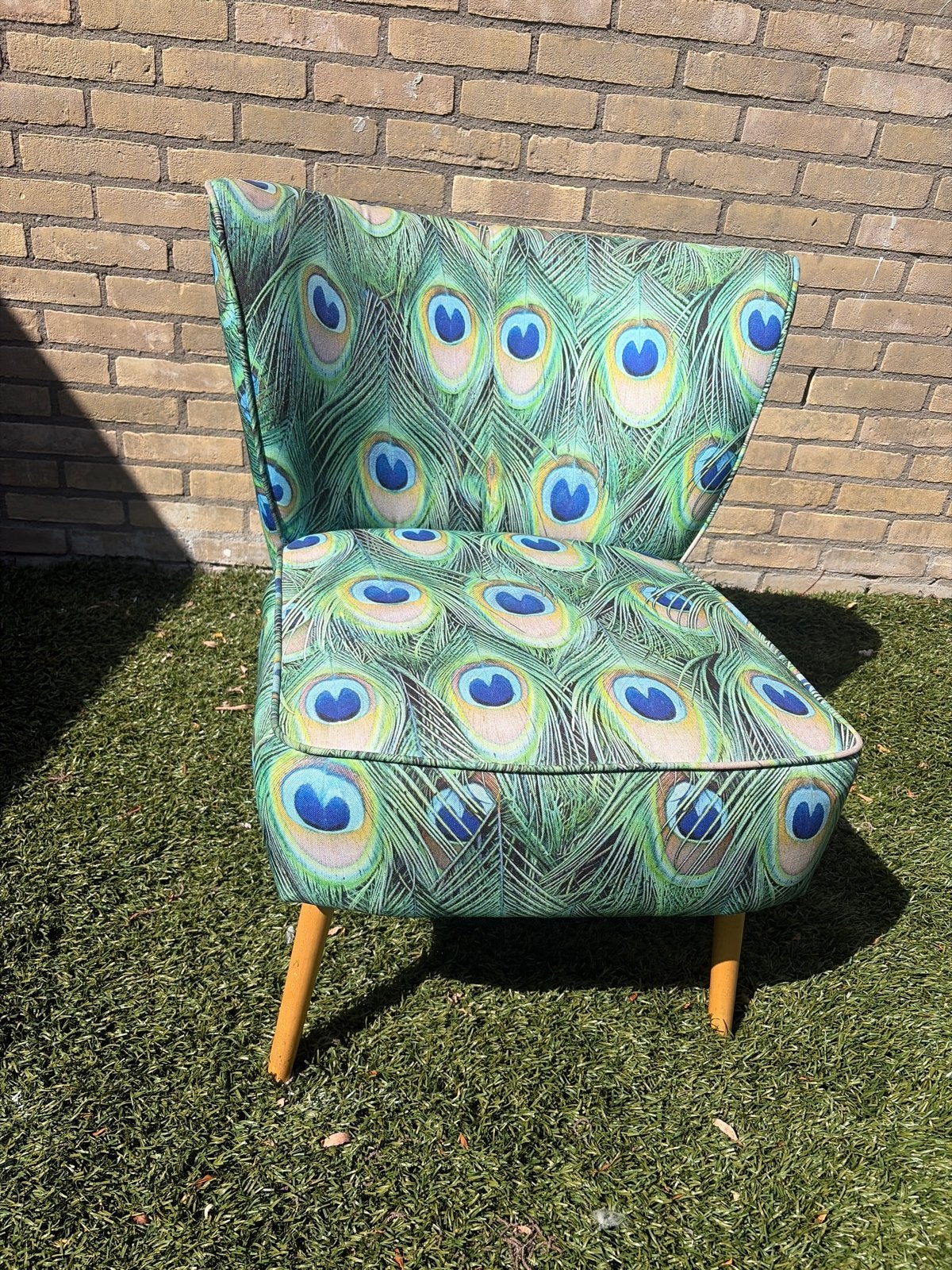 Opvallende fauteuil met pauwenverenprint woood pauw, Huis en Inrichting, Ophalen, Gebruikt, Overige kleuren, Eén