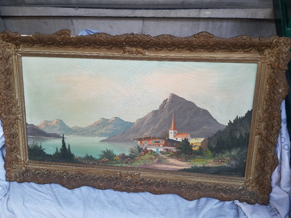 Schilderij van Oswald, prachtige landschap, Antiek en Kunst, Kunst | Schilderijen | Klassiek, Ophalen, Doek, Landschap, Olieverf