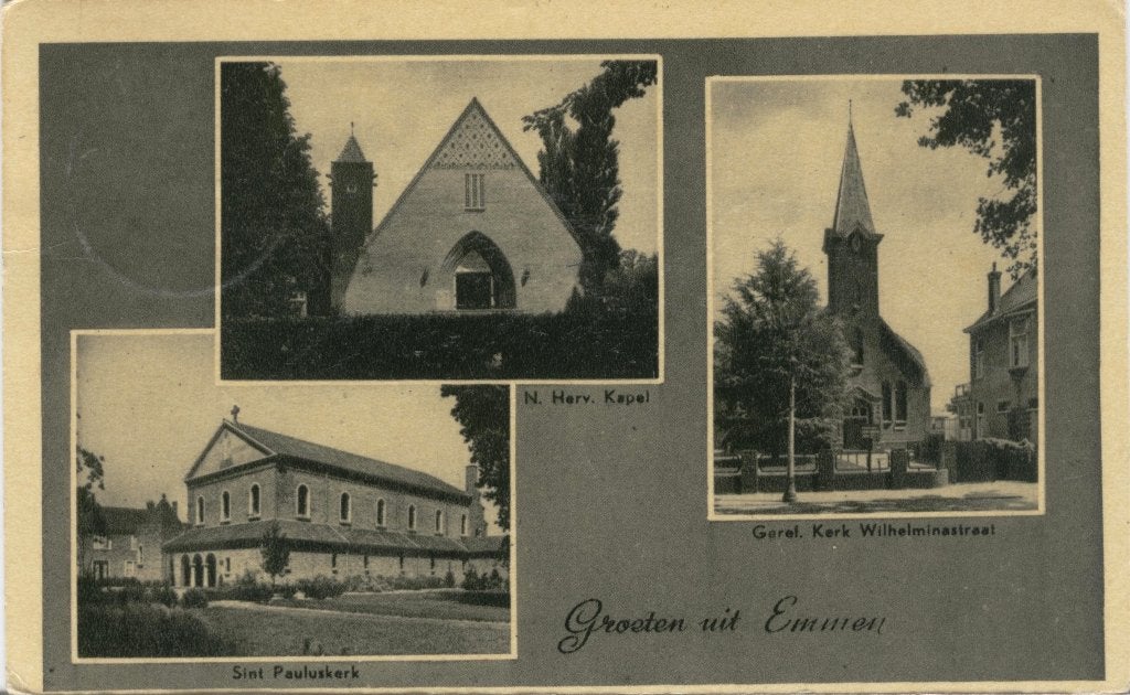 Emmen 3 luik Groeten uit  1954, Verzenden, 1940 tot 1960, Gelopen, Drenthe