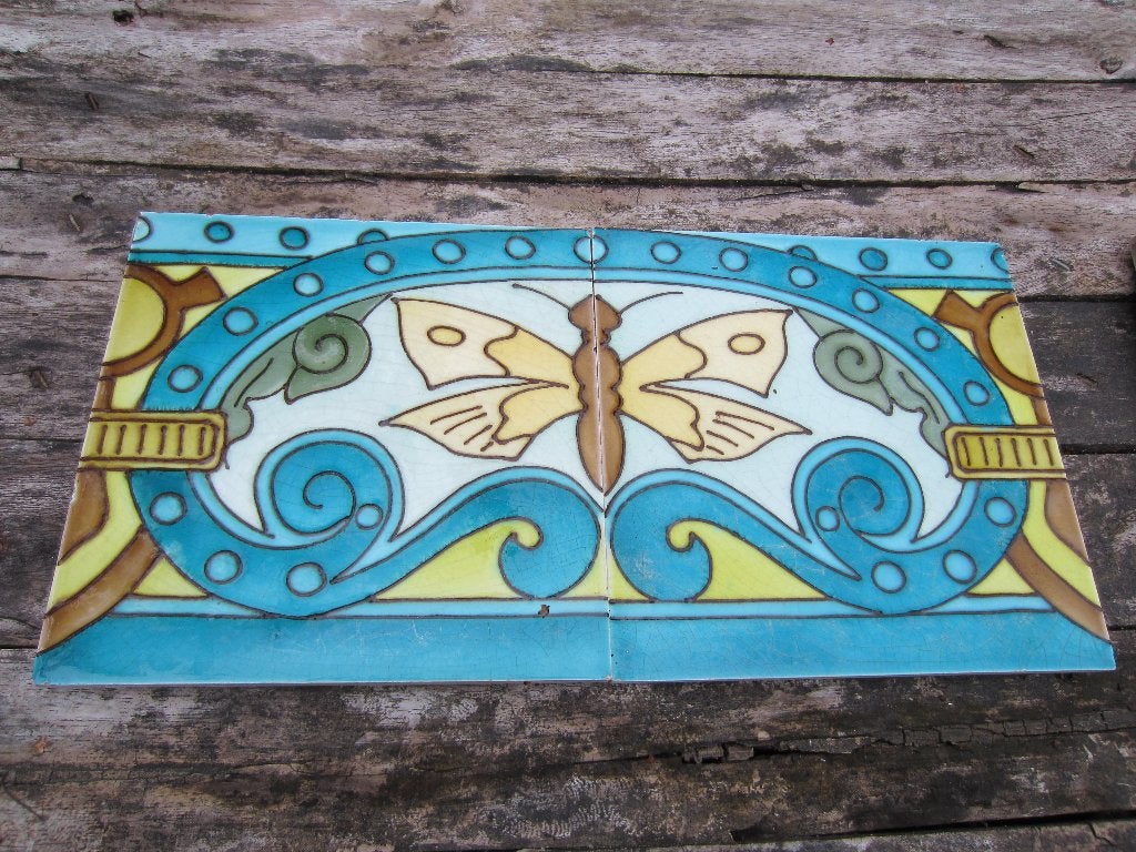 Zeldzame antieke Franse wandtegels met vlinder 20x20cm, Antiek en Kunst, Antiek | Wandborden en Tegels, Ophalen