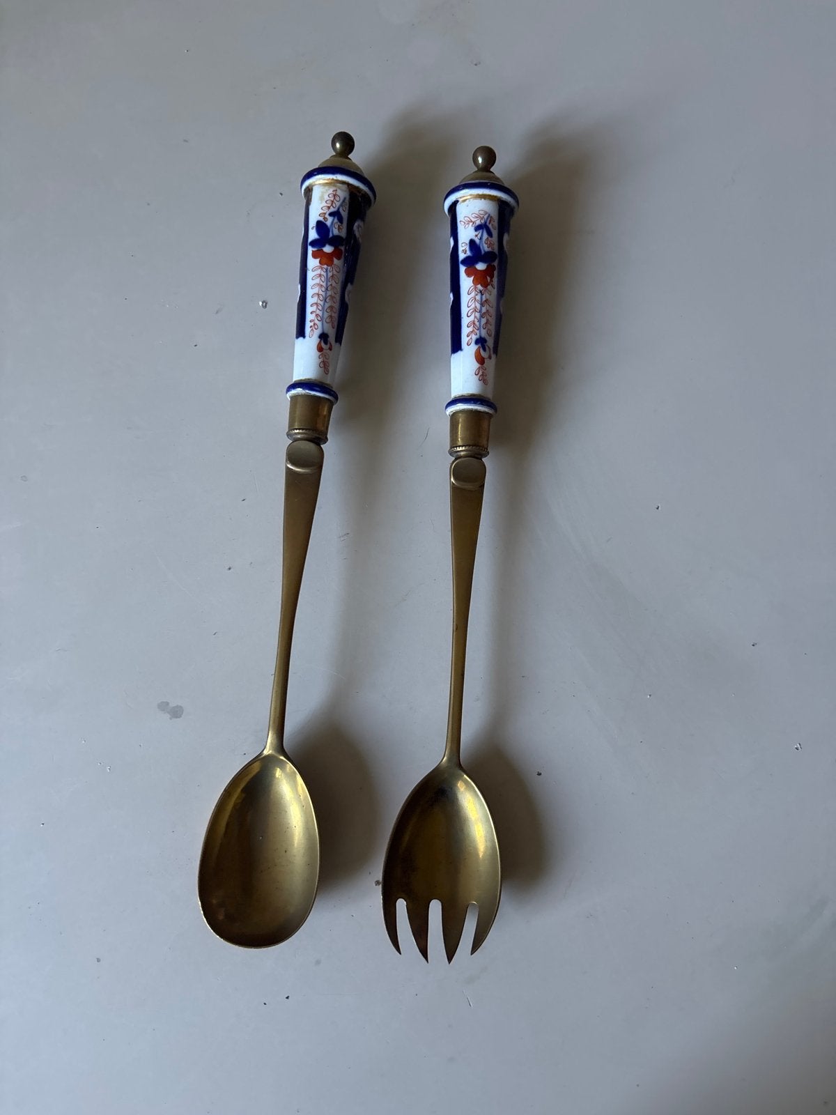 Antieke saladebestekset met Delfts blauw handvat, Ophalen of Verzenden