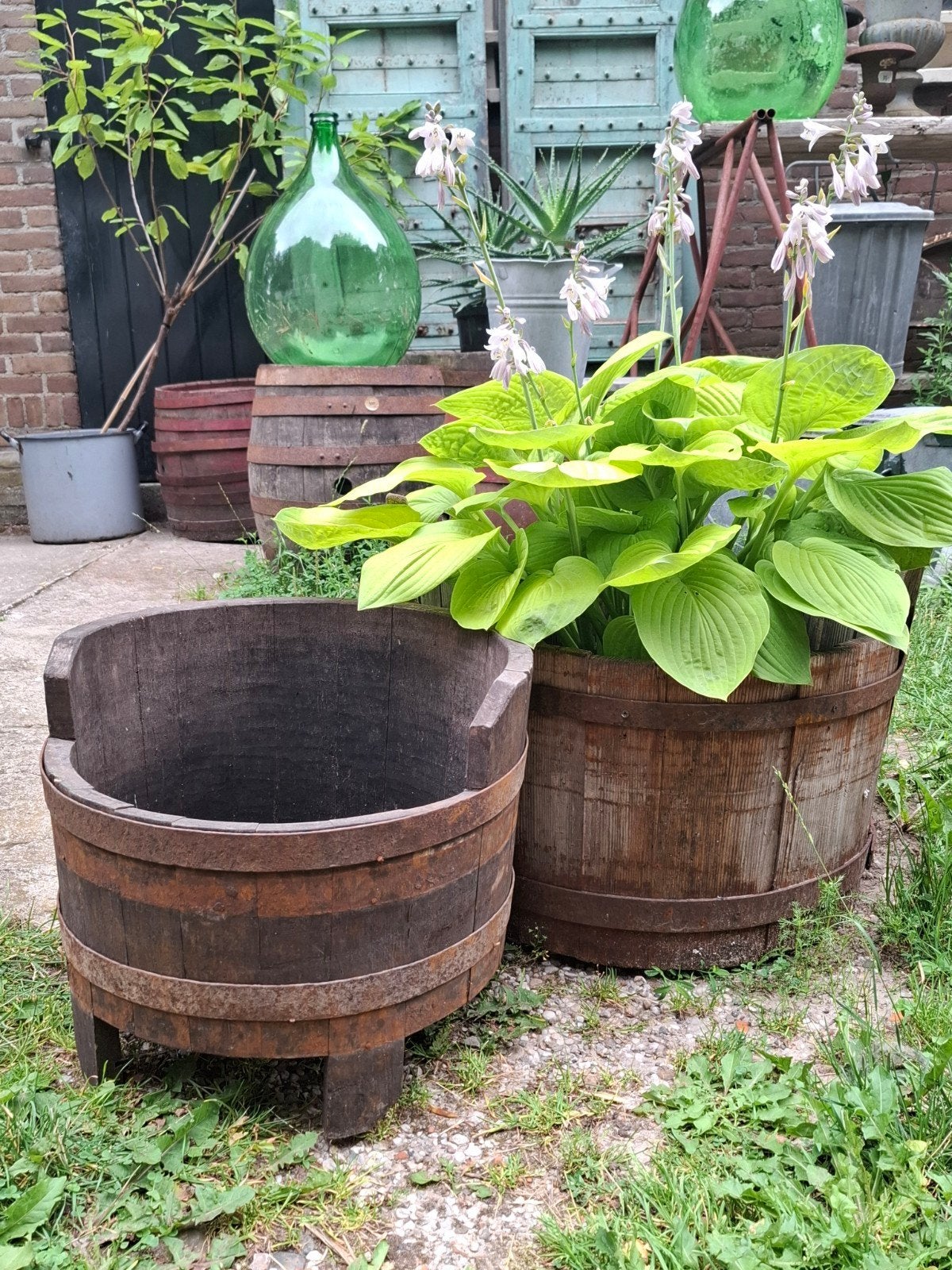 Oude brocanten houten kuip wijnton duigen plantenbak ton, Ophalen of Verzenden, N, T, V