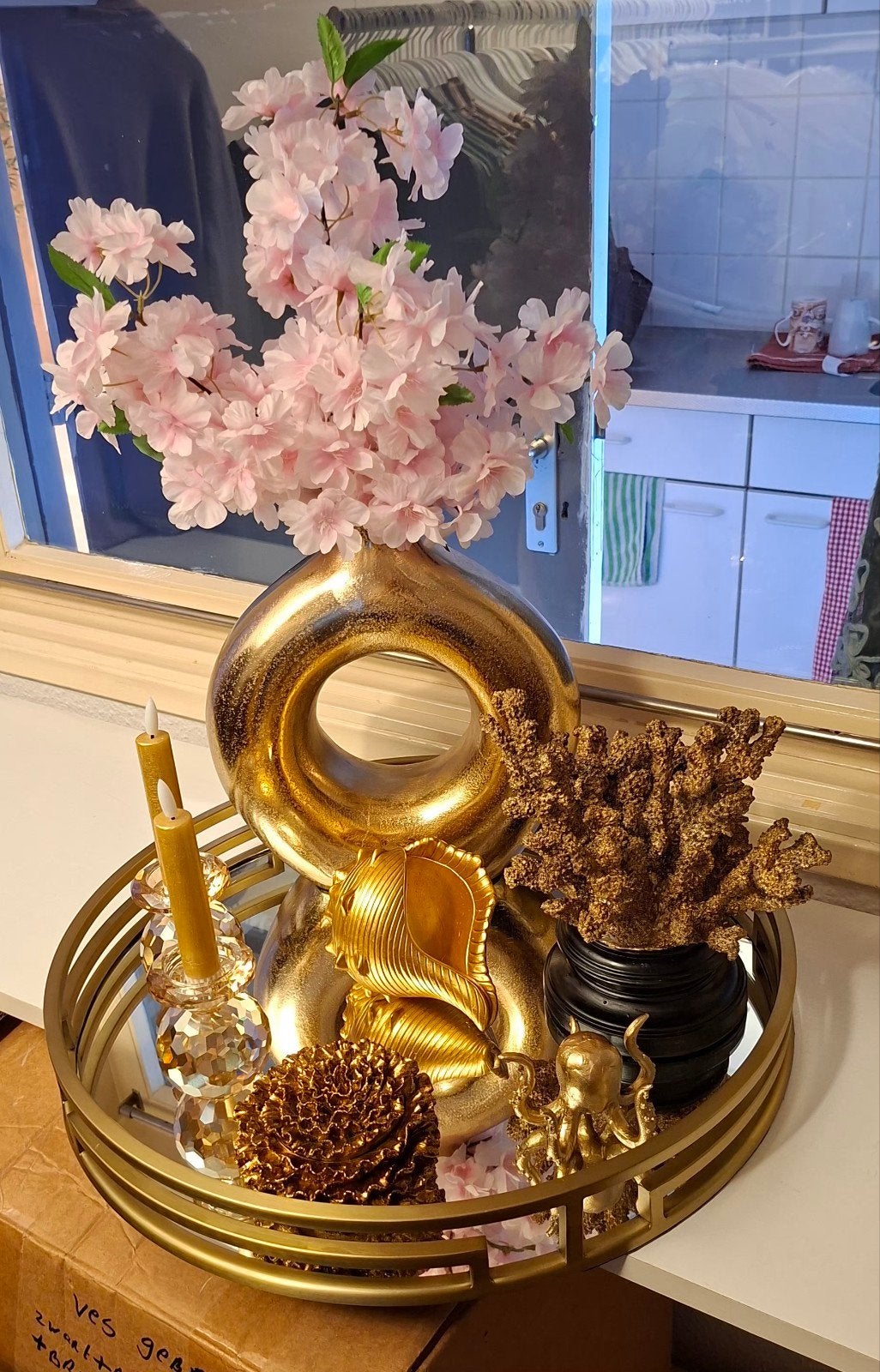 Compleet opgevuld gouden dienblad, Huis en Inrichting, Woonaccessoires | Dienbladen, Ophalen, Zo goed als nieuw, Rond, Metaal