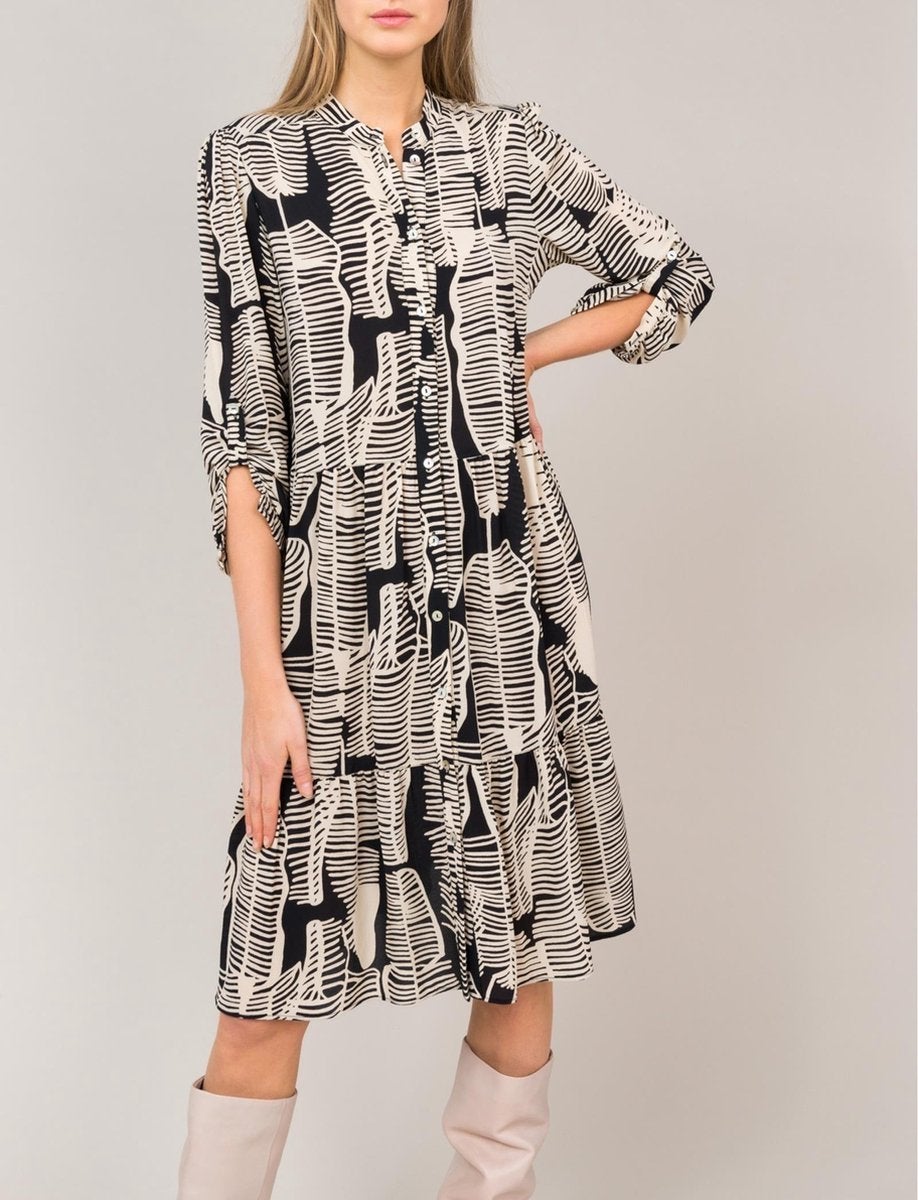 Summum Woman - Jurk Zwart/Beige print | Maat 42, Zwart, Maat 42/44 (L), Ophalen of Verzenden, Zo goed als nieuw