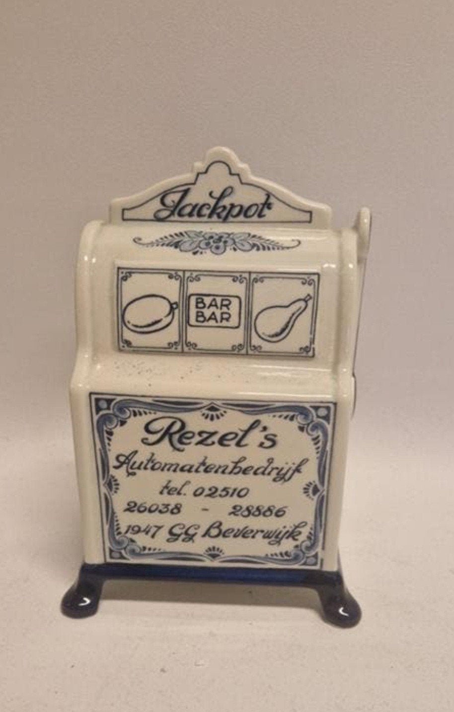 Delfs blauwe spaarpot gokkast( je ), Ophalen of Verzenden