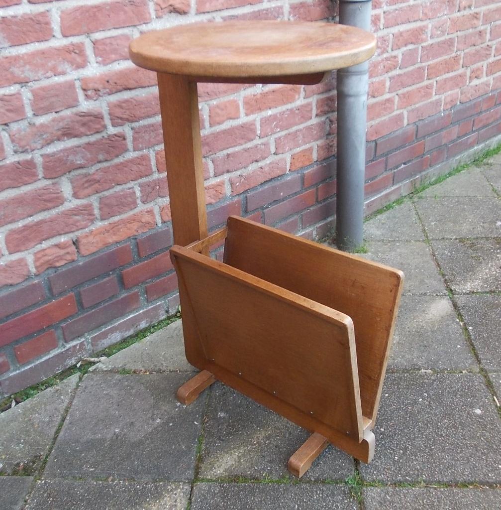 Antiek massief eiken handgemaakt plantentafel met lectuurbak, Ophalen