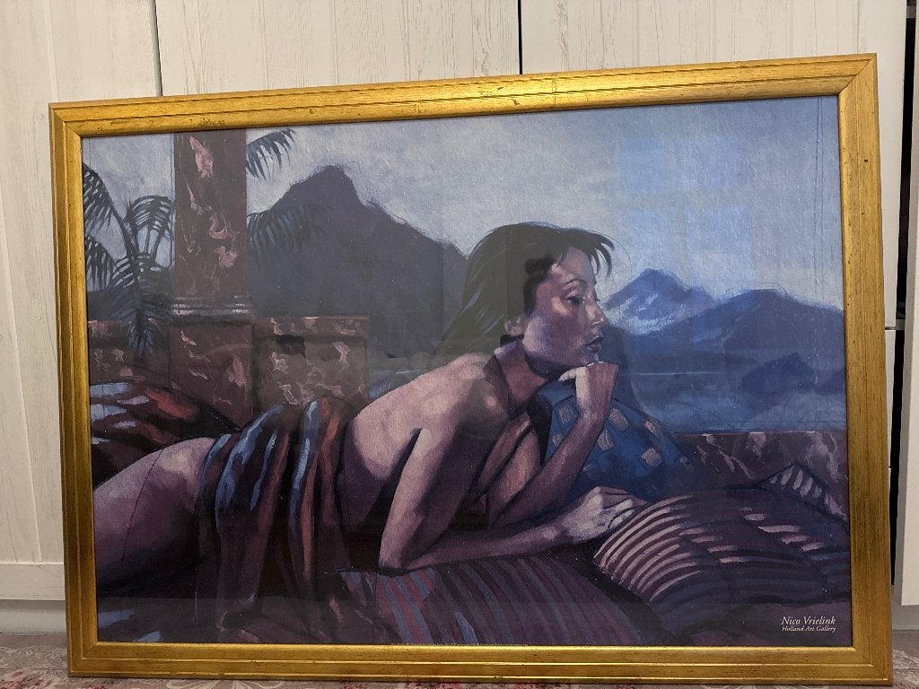 Nico Vrielink - 1.10 x 90 cm - Goudkleurige lijst, Antiek en Kunst, Kunst | Schilderijen | Modern, Ophalen of Verzenden, Ingelijst