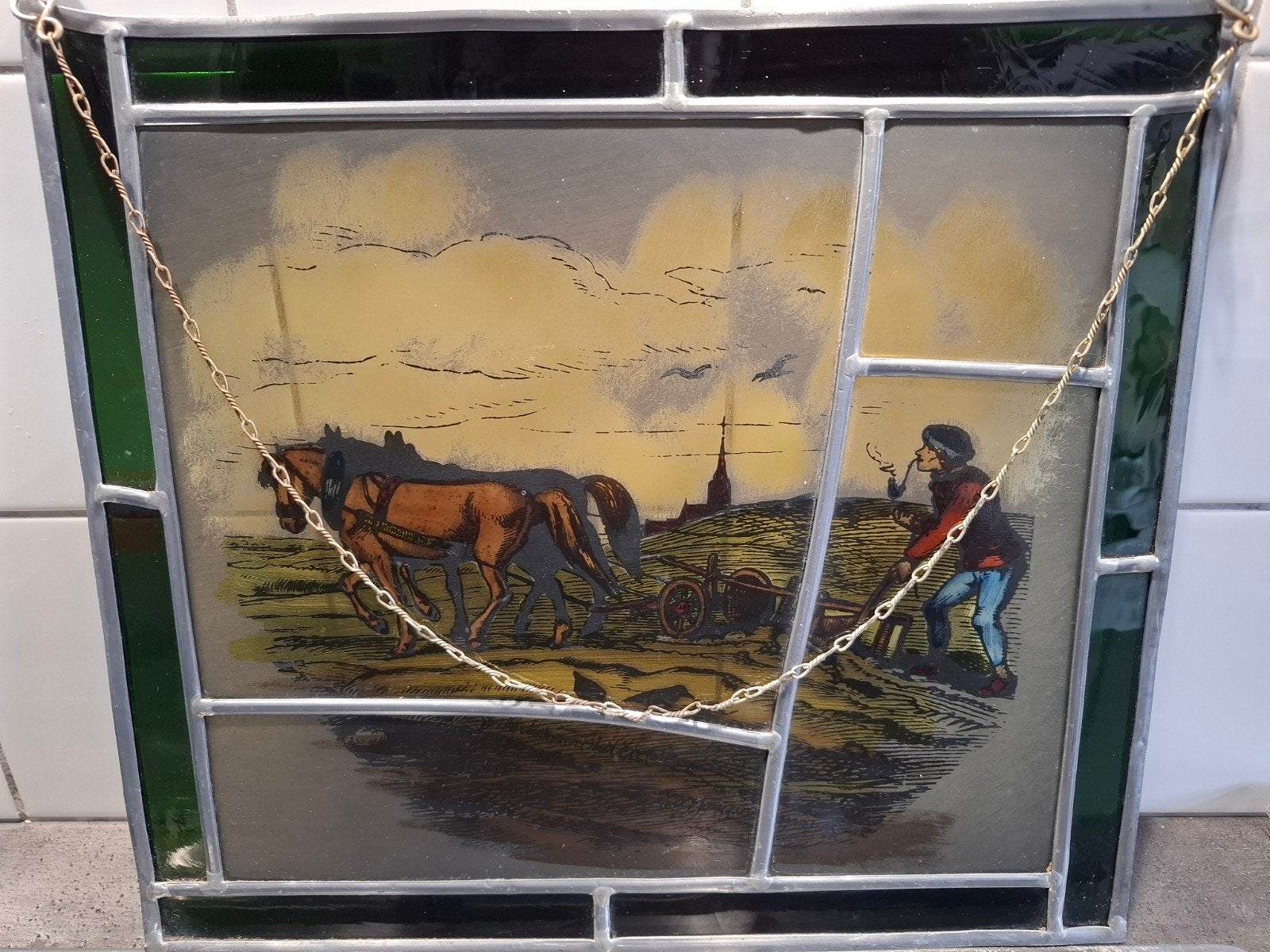 Glas in lood paneel met ploegende boer en paarden, Ophalen of Verzenden