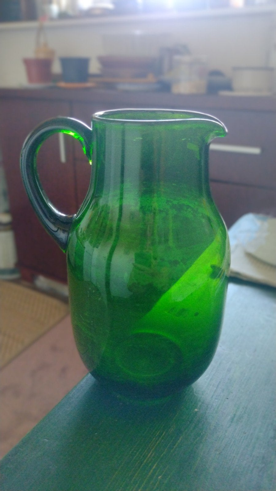 Vintage kan van groen glas, Antiek en Kunst, Antiek | Glas en Kristal, Ophalen of Verzenden