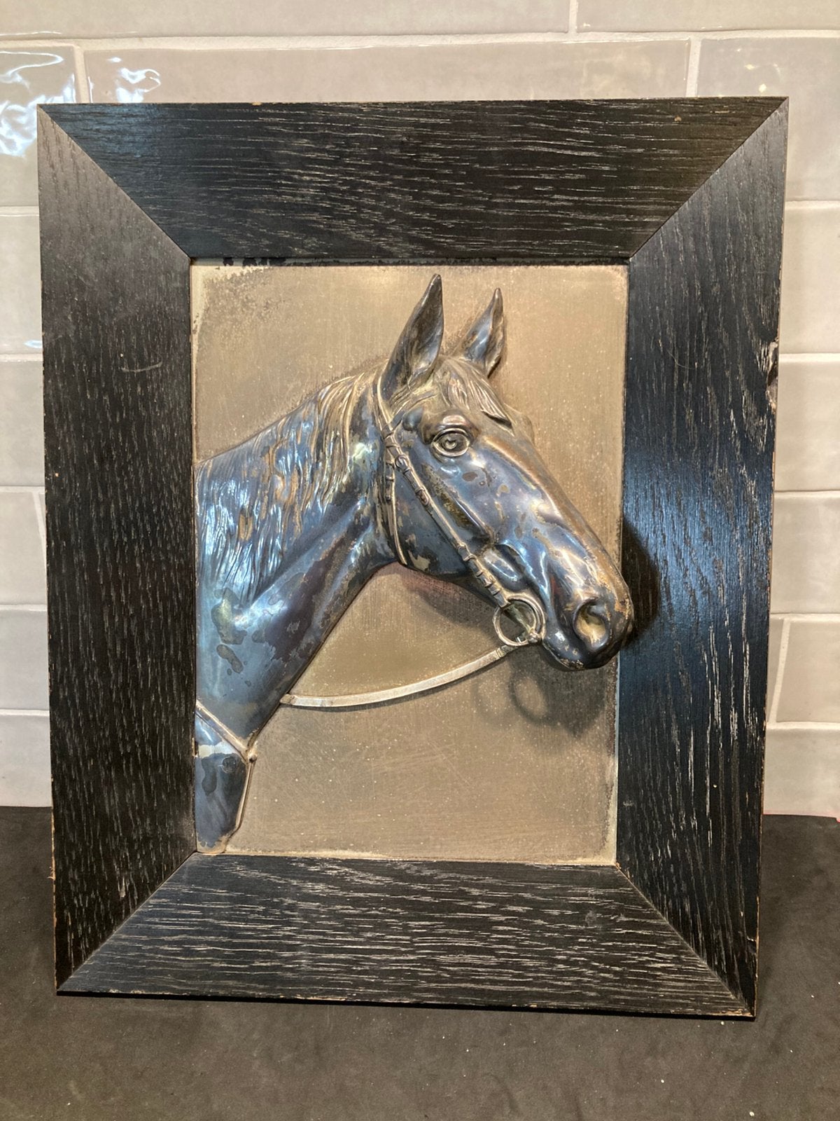 Schilderij met 3D metalen paardenhoofd (020226s), Ophalen of Verzenden, Gebruikt, Minder dan 50 cm, Schilderij