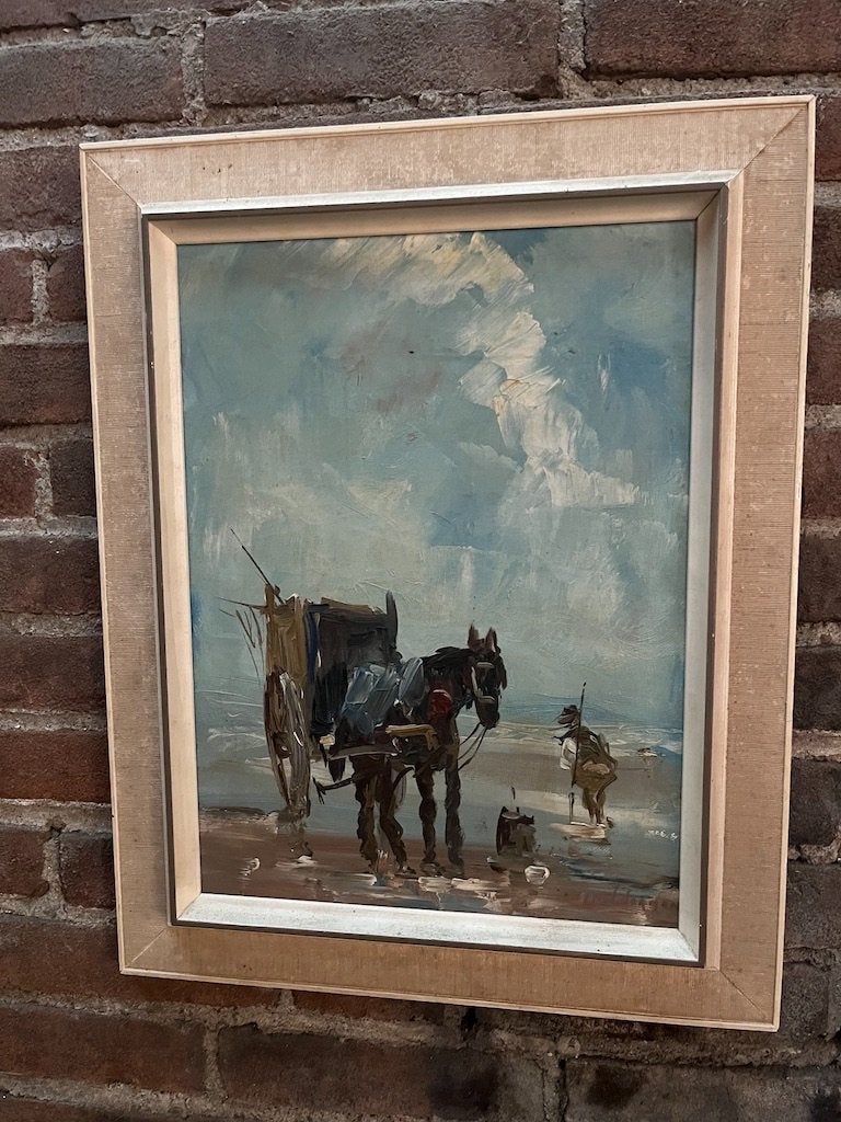 Schilderij Paard en wagen aan de kust Jan Kelderman, Ophalen, Doek, Impressionistisch, Origineel werk
