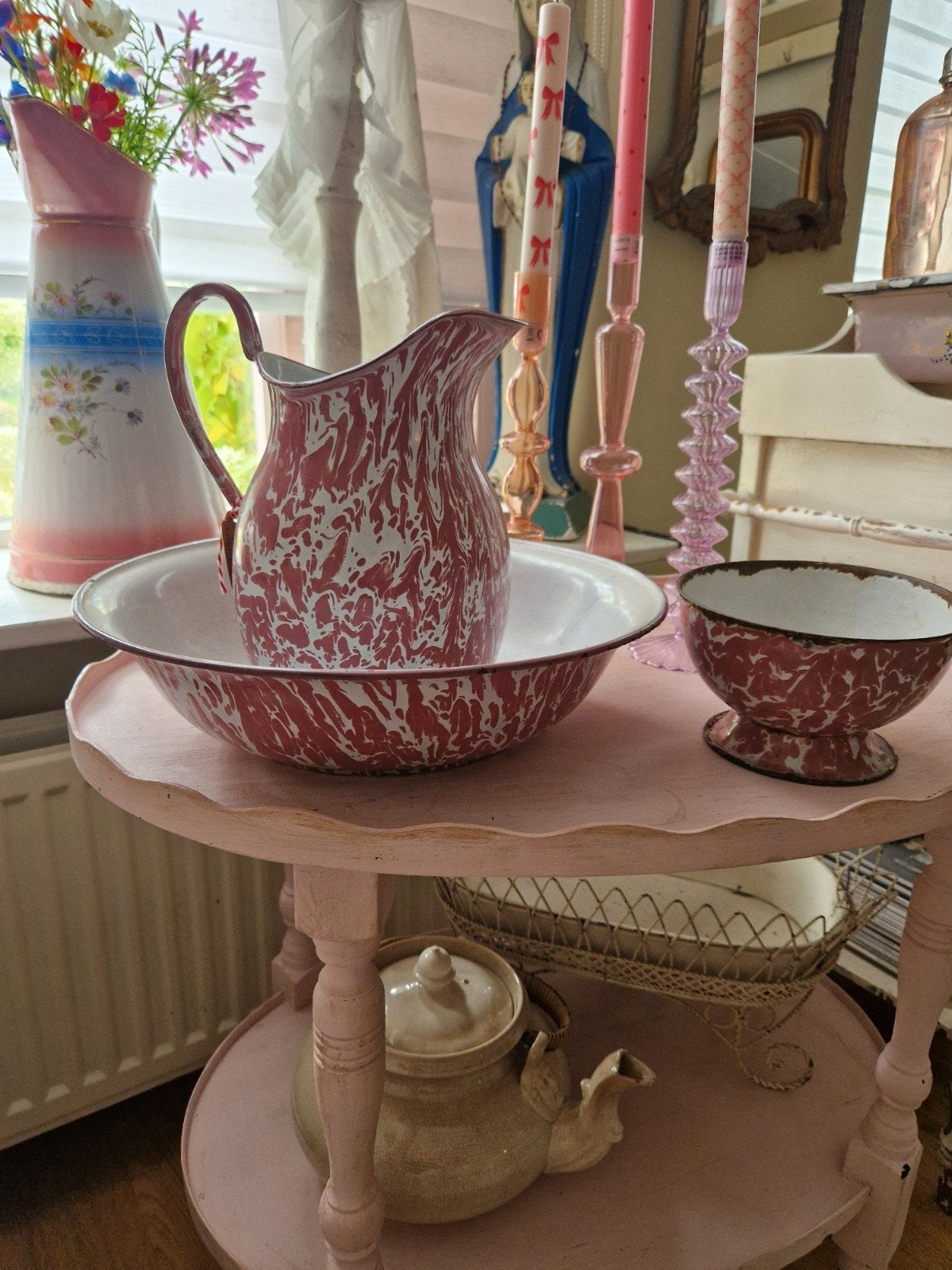 Roze emaille lampetstel met spoelkom, Ophalen of Verzenden