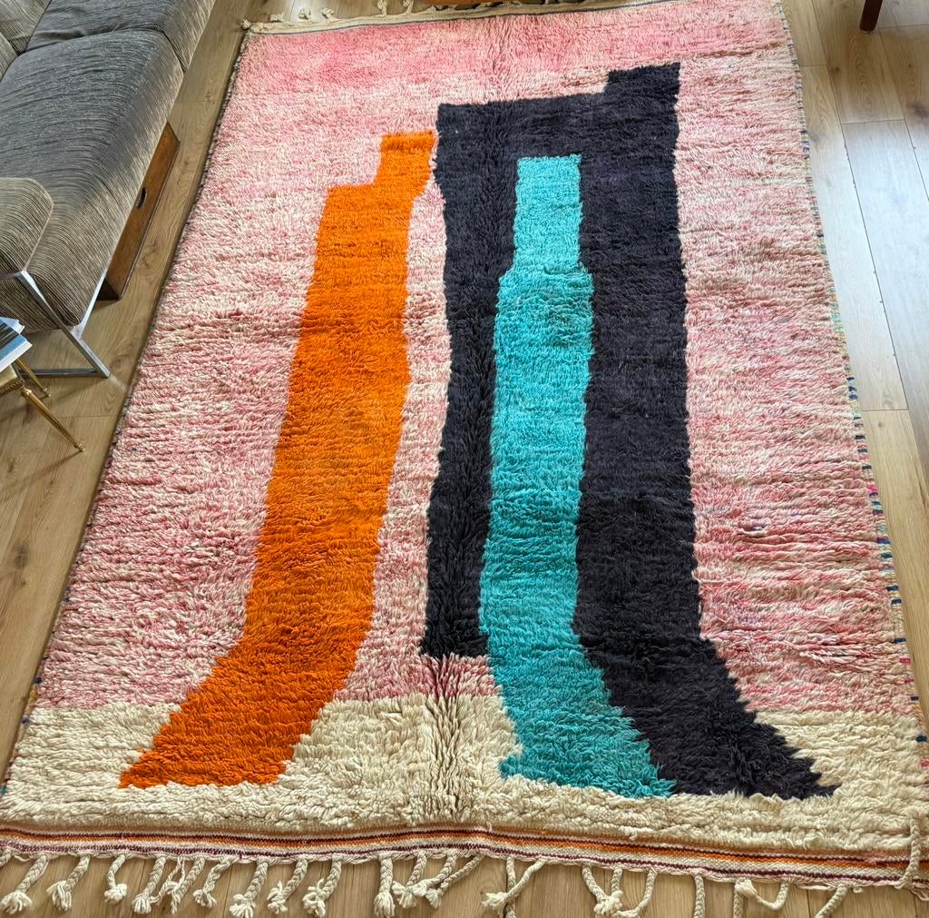 Groot Vintage design tapijt  handgemaakt Marokko 320x 201 cm, Info@bababoho.com, 200 cm of meer, Crème, Ophalen of Verzenden