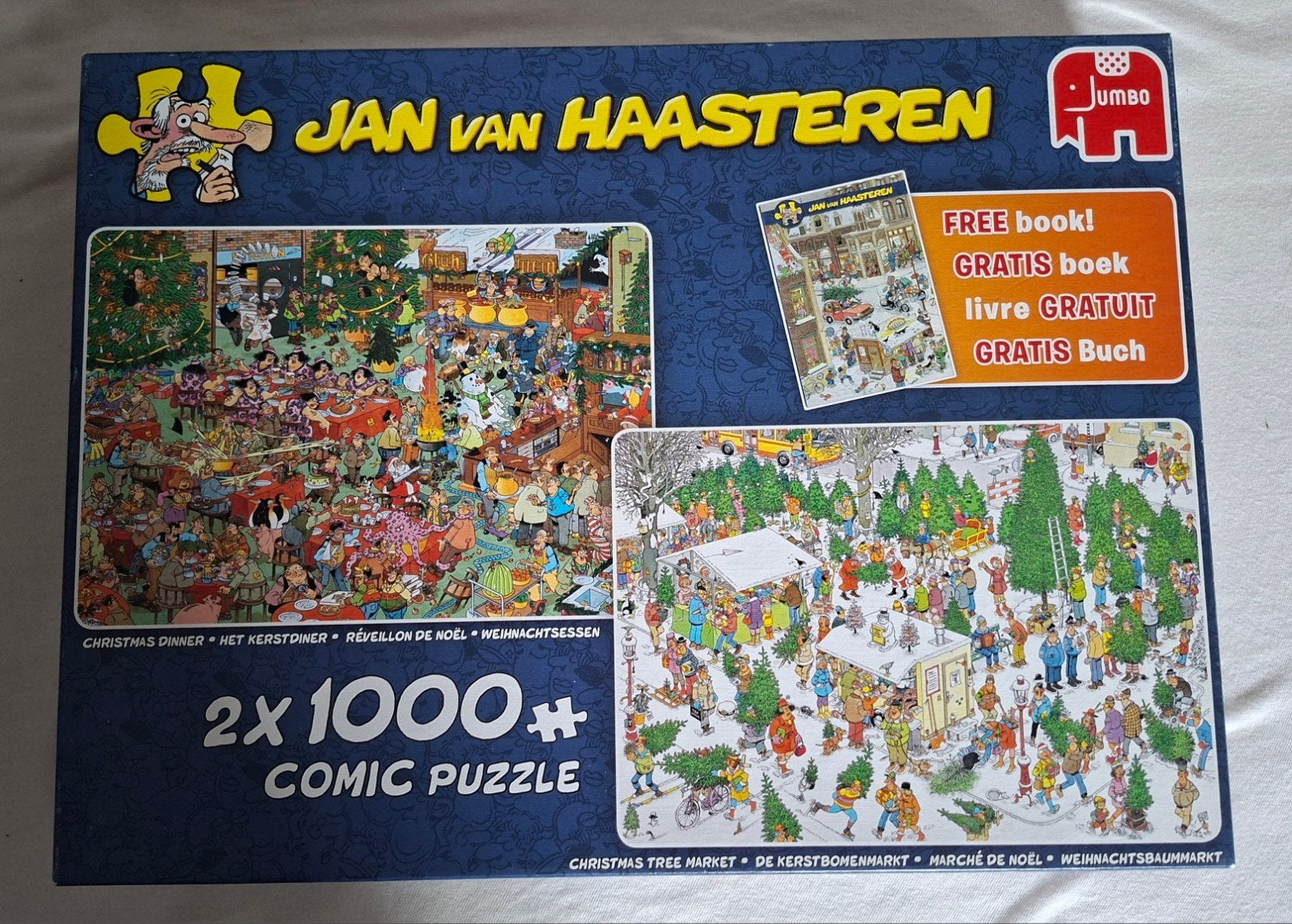 Jan van Haasteren 2x 1000 stukjes kerstdiner kerstbomenmarkt, Ophalen of Verzenden, 500 t/m 1500 stukjes, Zo goed als nieuw