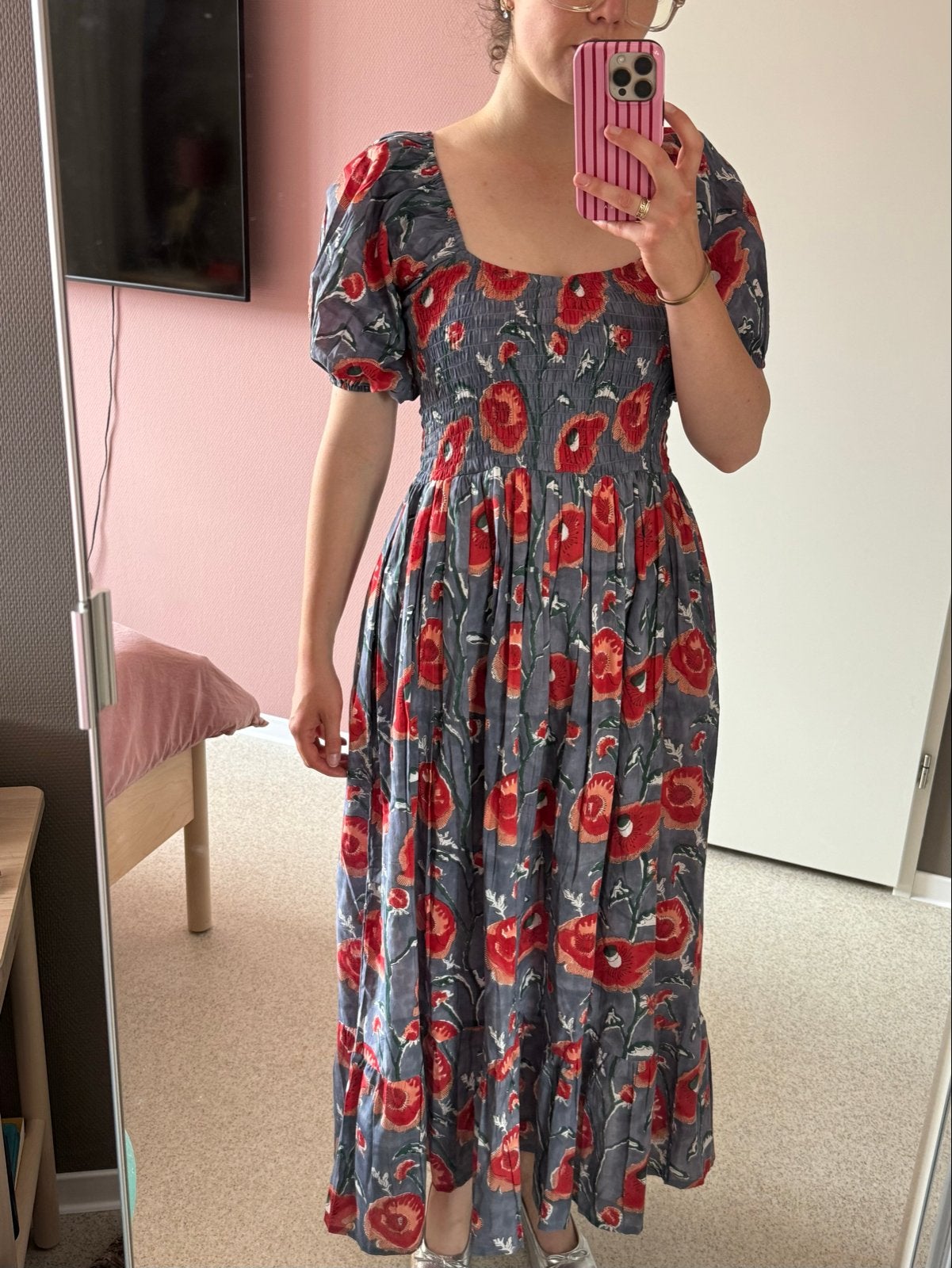 Blockprint Jurk met Bloemenprint en Smockdetails, Kleding | Dames, Jurken, Meerkleurig, Nieuw, Ophalen of Verzenden, Maat 36 (S)