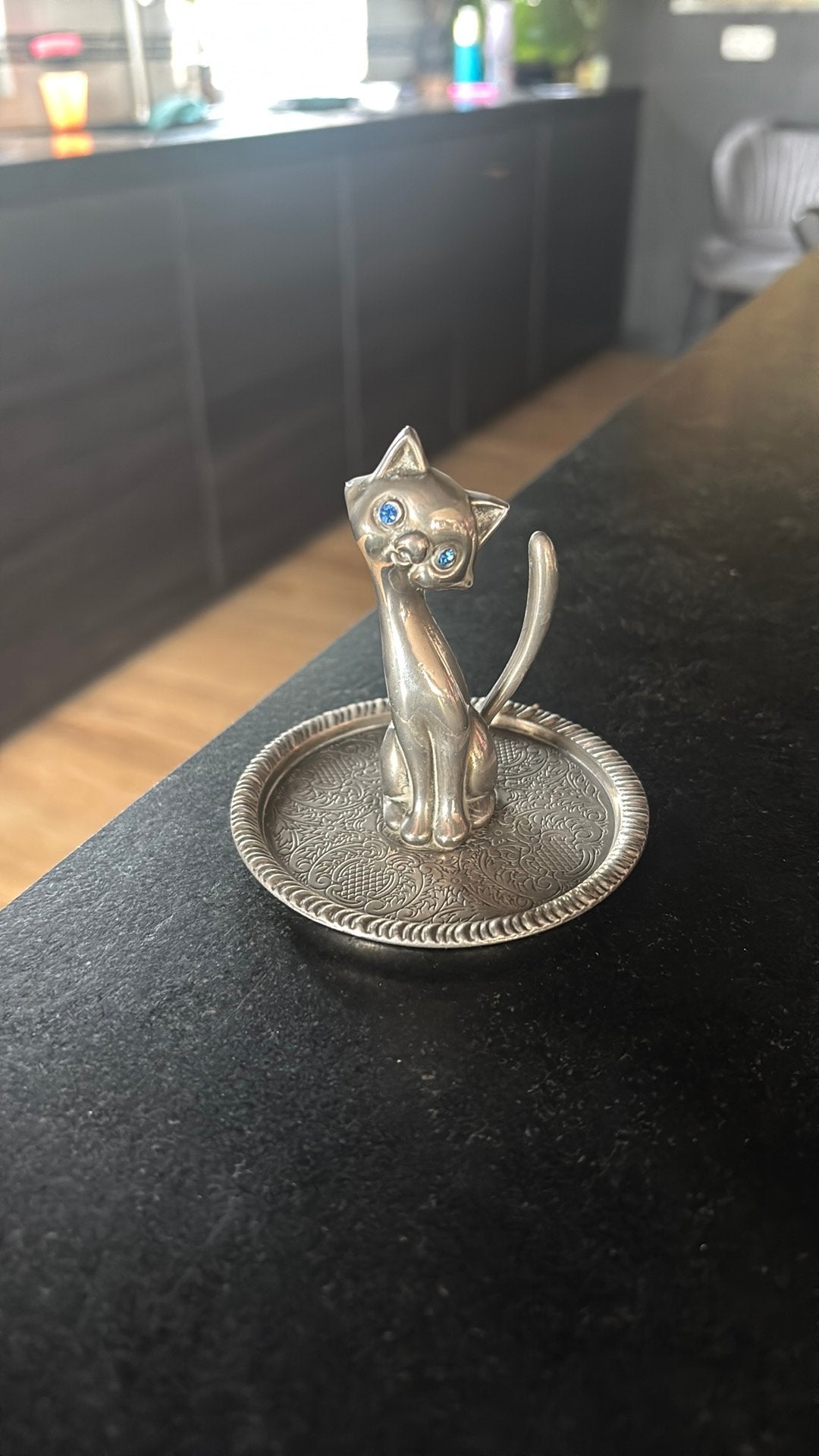 Vintage katten ringhouder verzilverd met blauwe ogen, Ophalen of Verzenden, Zilver