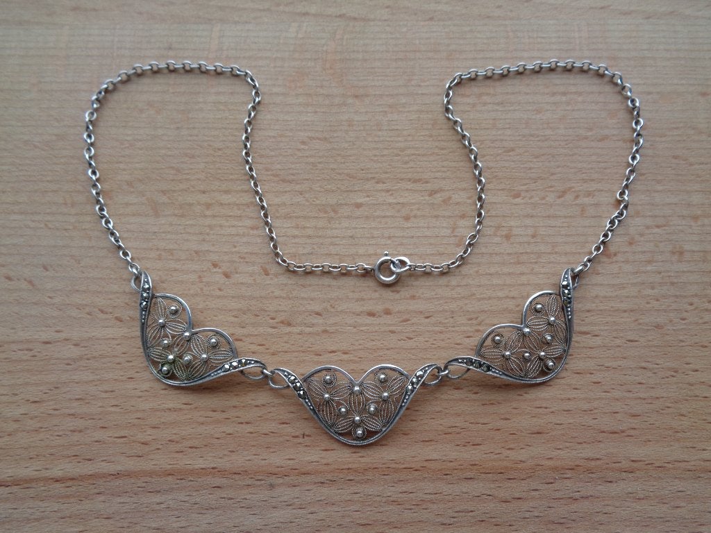 zilveren filigrain ketting met makasiet [518], Verzenden, Zo goed als nieuw, Met kristal, Zilver
