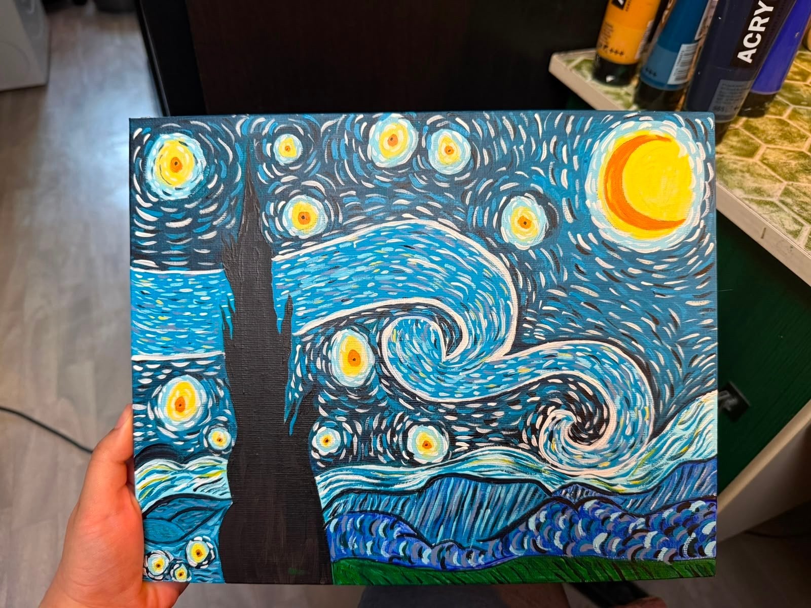 Sterrennacht Stijl Schilderij - Handgeschilderd, Landschap, Acrylverf, Handgeschilderd, Ophalen of Verzenden