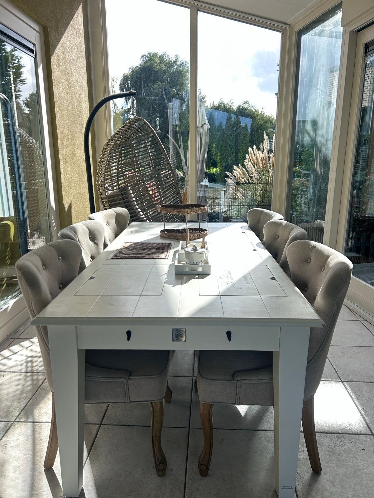 Rivièra Maison eettafel met veel opbergruimte + 6 RM stoelen, Ophalen, Gebruikt, 100 tot 150 cm, 200 cm of meer