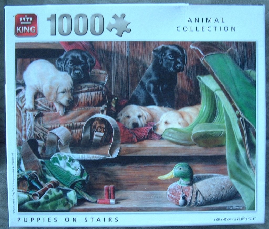 complete King puzzel 1000 stukjes Puppies on stairs, Ophalen of Verzenden, 500 t/m 1500 stukjes, Zo goed als nieuw, Legpuzzel