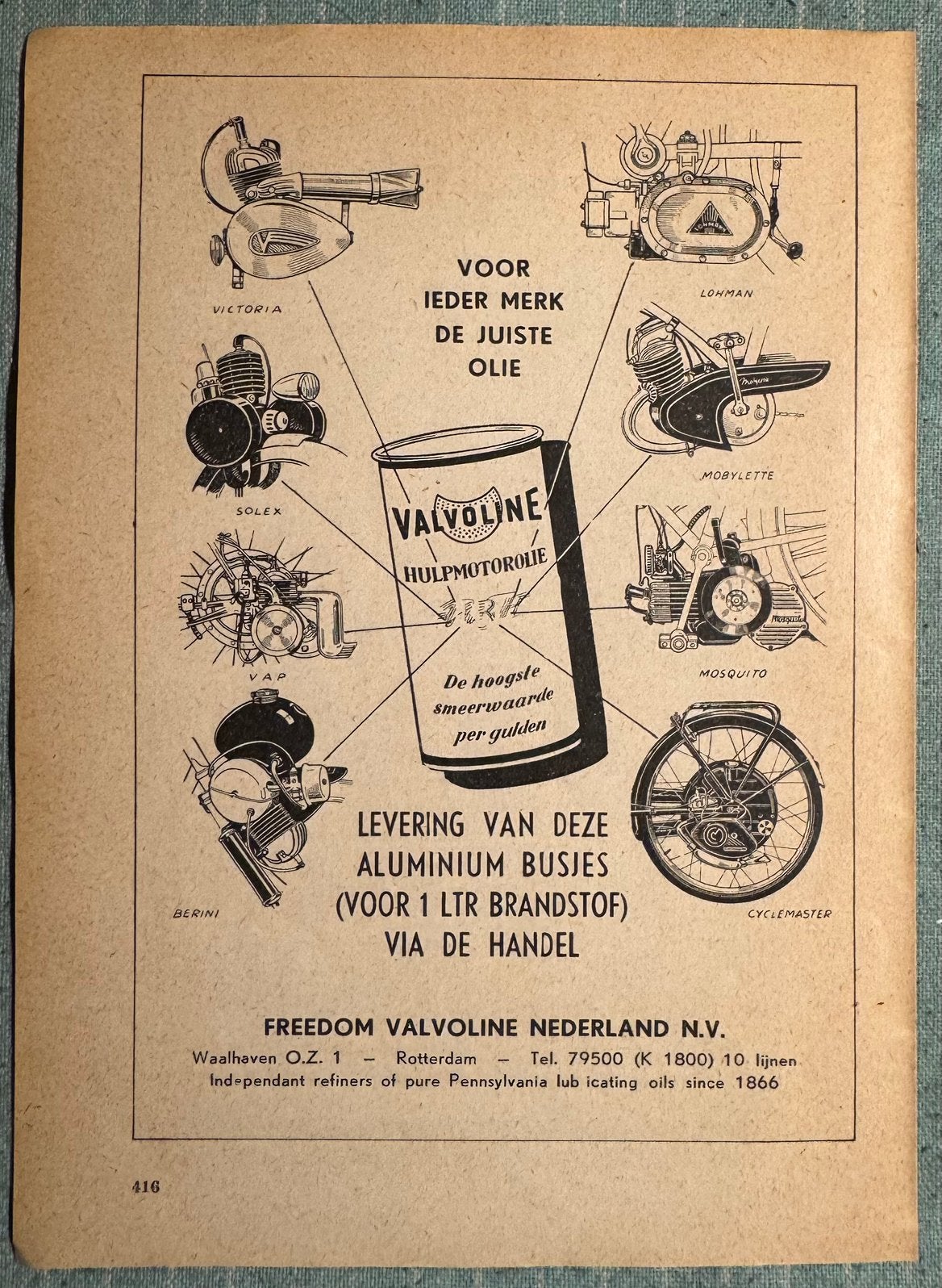 Advertentie 1951 Valvoline olie voor hulpmotoren, Verzenden, Zo goed als nieuw, Motoren