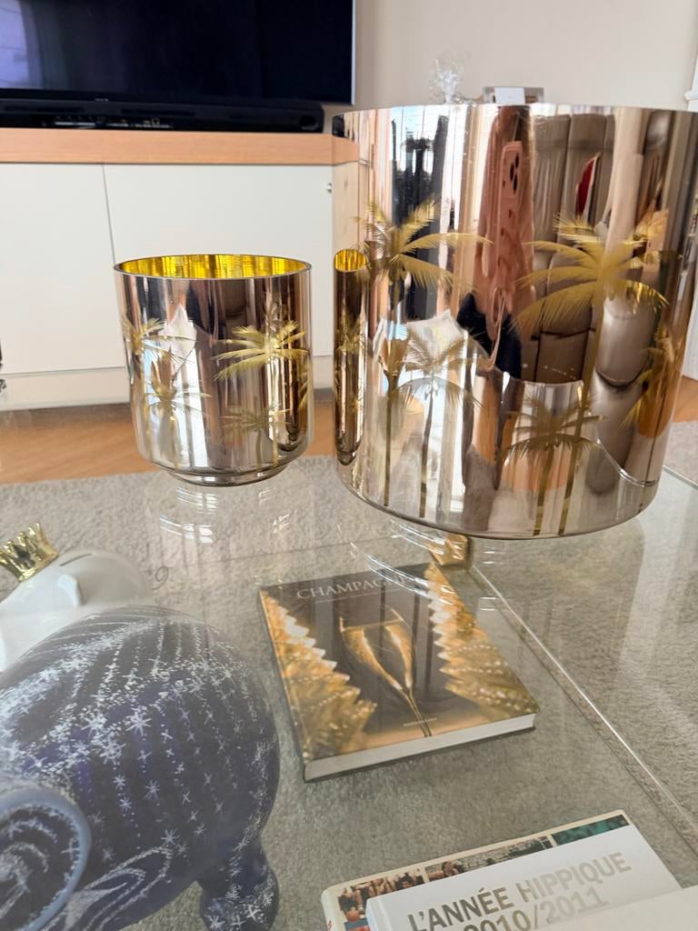 Set 2 gouden kandelaars met palmboom design Riviera Maison, Ophalen, Zo goed als nieuw, Metaal, Kandelaar