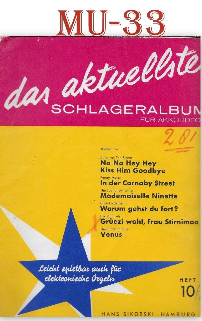 MU-33 Bladmuziek Schageralbum voor Accordeon, Gebruikt, Ophalen of Verzenden, Artiest of Componist, Populair