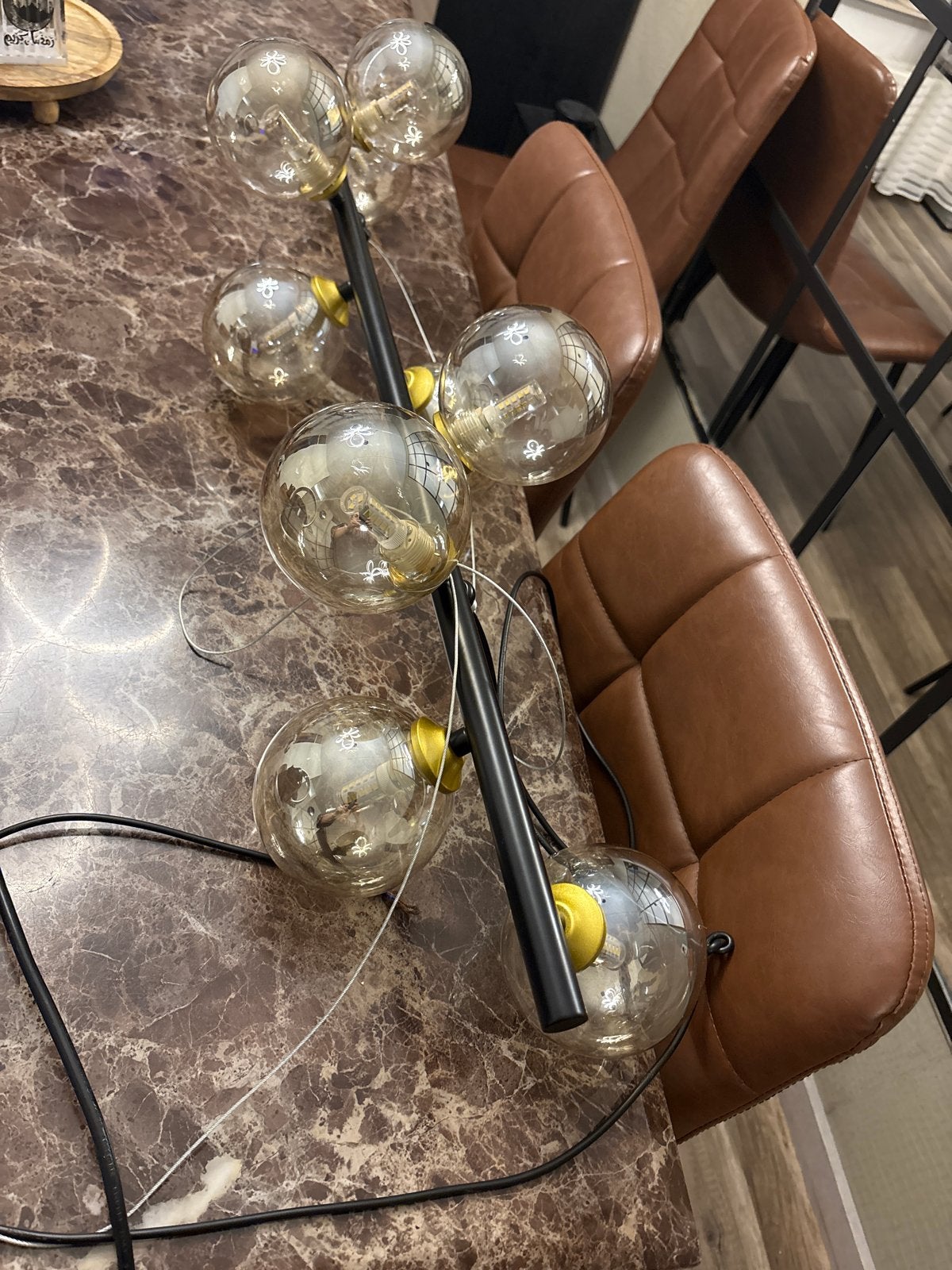 Eettafel lamp  met 5 glazen bollen, Zo goed als nieuw, Metaal, 150 tot 200 cm, E27 (groot)