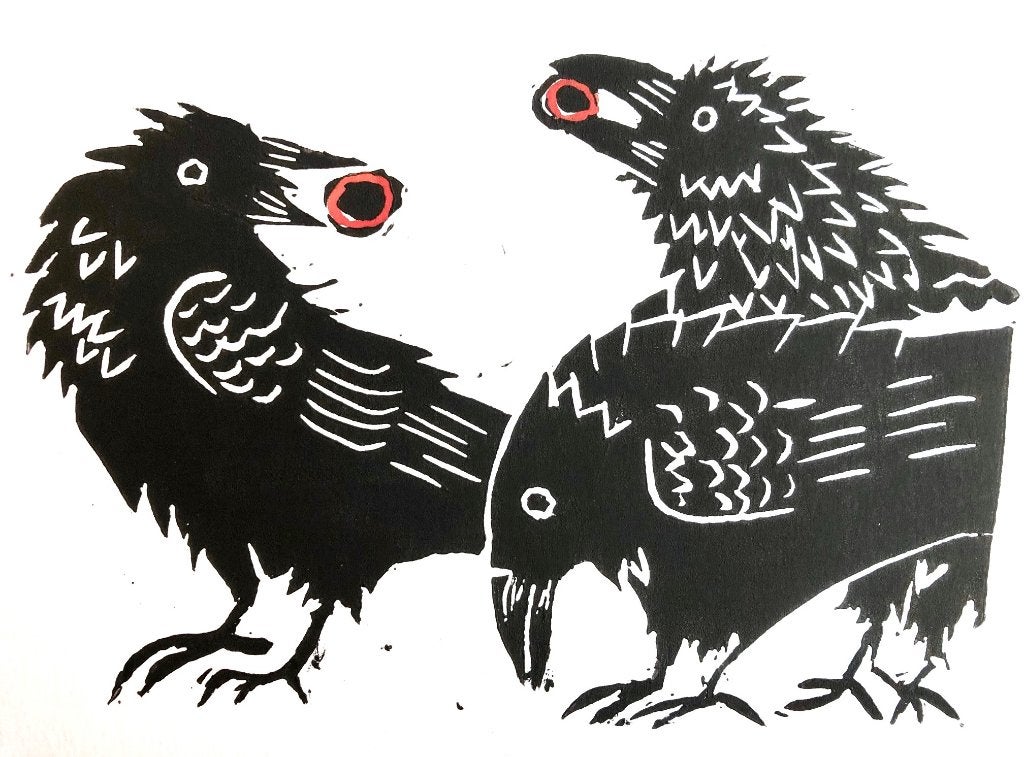 Groep Kraaien Linodruk, Antiek en Kunst, Kunst | Litho's en Zeefdrukken, Origineel, Ophalen of Verzenden, Dieren en Natuur, Linosnede