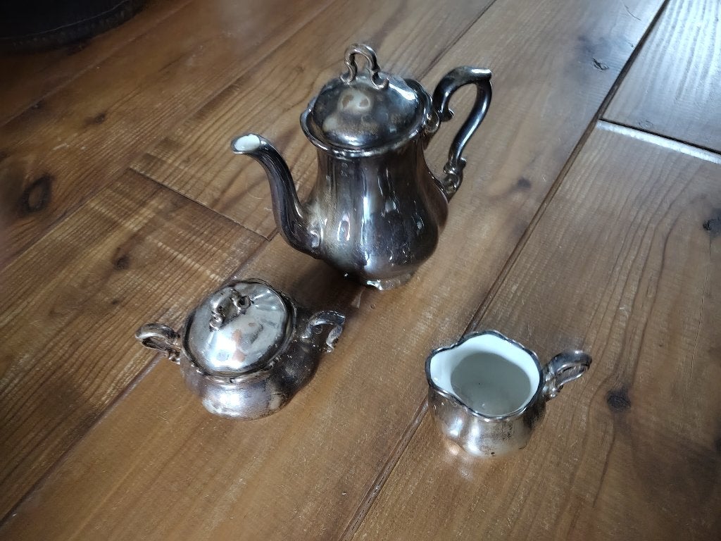 Antiek verzilverd aardewerk koffie servies 3-delig, Ophalen of Verzenden