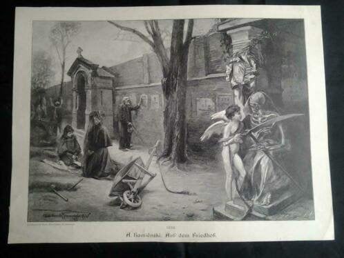 Orig. Prent Poolse Antoni Kamieński Auf dem Friedhof Jokers, Ophalen of Verzenden, Houtsnede
