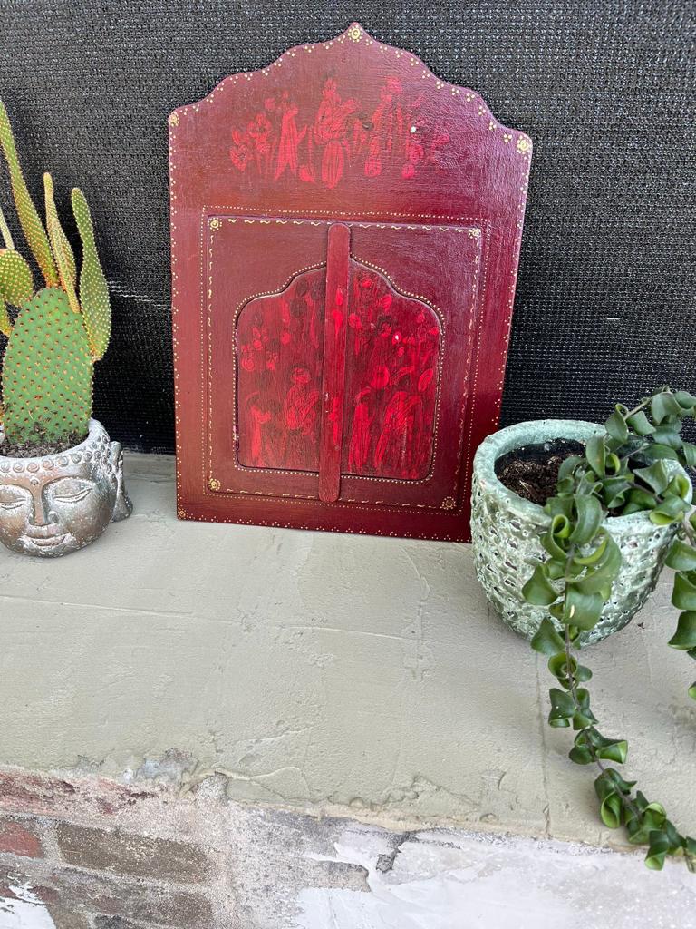 Marokkaans handbeschilderd houten luik spiegel arabisch 39cm, Gebruikt, Ophalen of Verzenden, https://verburgtvintage.nl/#contact