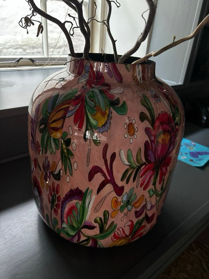 Grote decoratieve vaas met kleurrijk bloemmotief, Ophalen