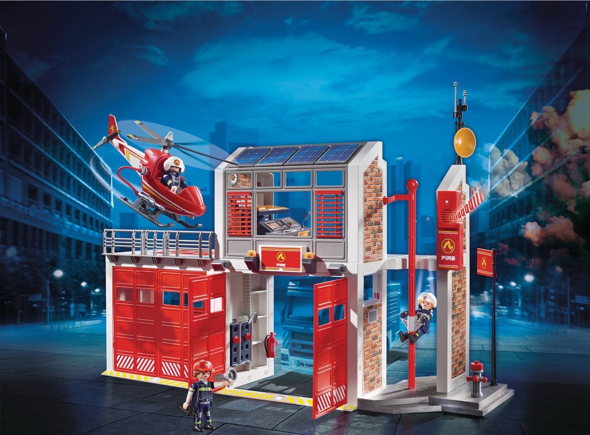 PLAYMOBIL Brandweer set: kazerne, ladderwagen, helicopter en, Kinderen en Baby's, Speelgoed | Playmobil, Ophalen, Gebruikt, Gebouw
