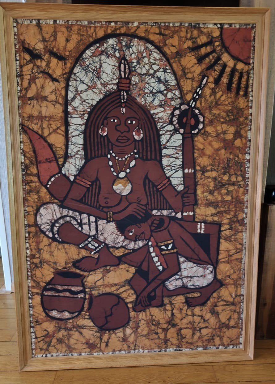 Afrikaans Batik Schilderij - Vrouw met Kind, Ophalen, Afrika, Meerkleurig, Handgemaakt