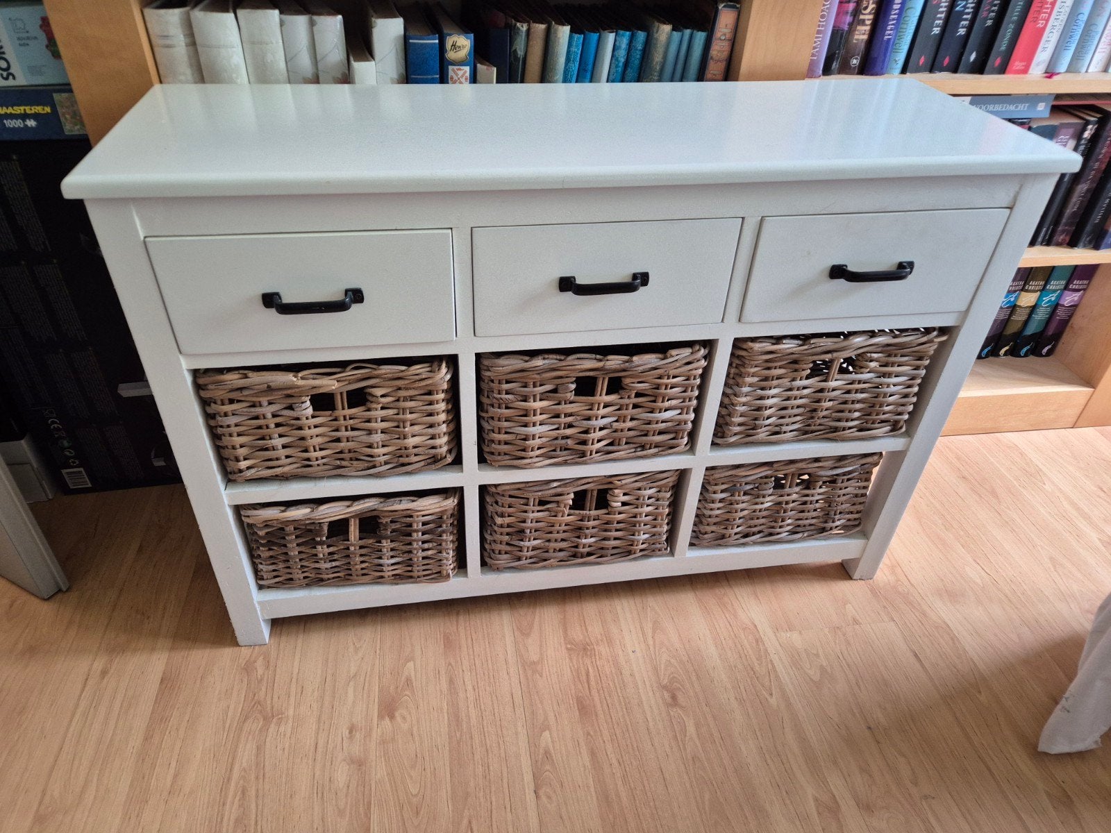 Kastje met 3 lades en 6 rieten manden, Gebruikt, 100 tot 150 cm, Ophalen of Verzenden, Overige houtsoorten