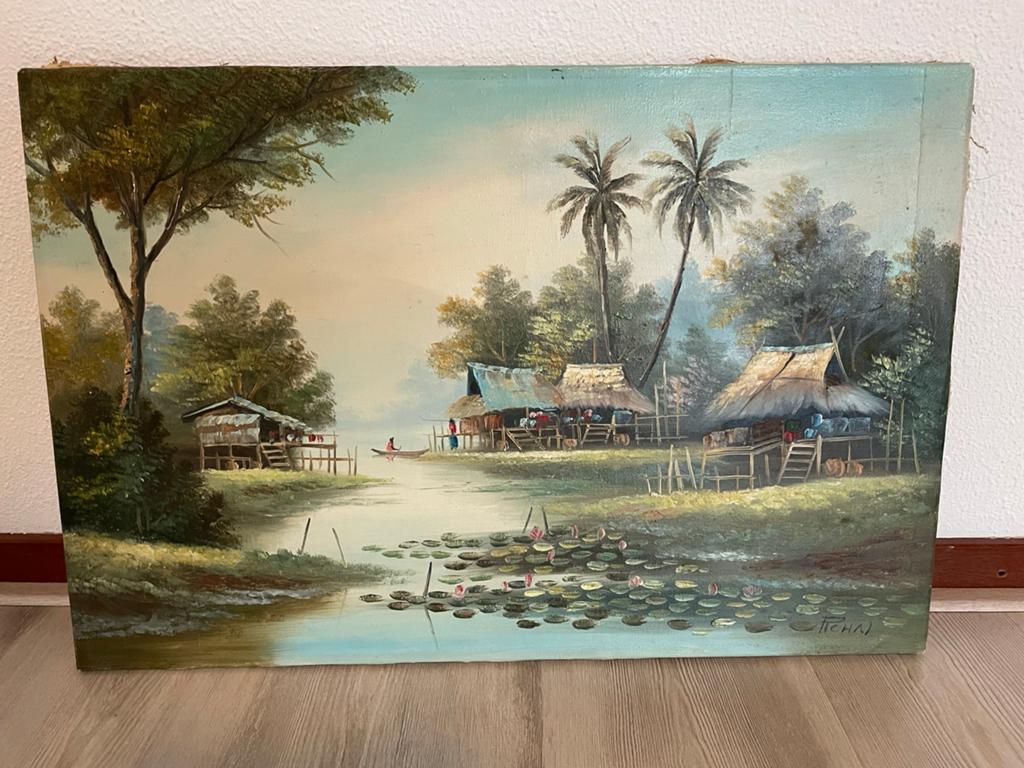 Schilderij Indonesisch Landschap met Dorp en Waterlelies, Ophalen