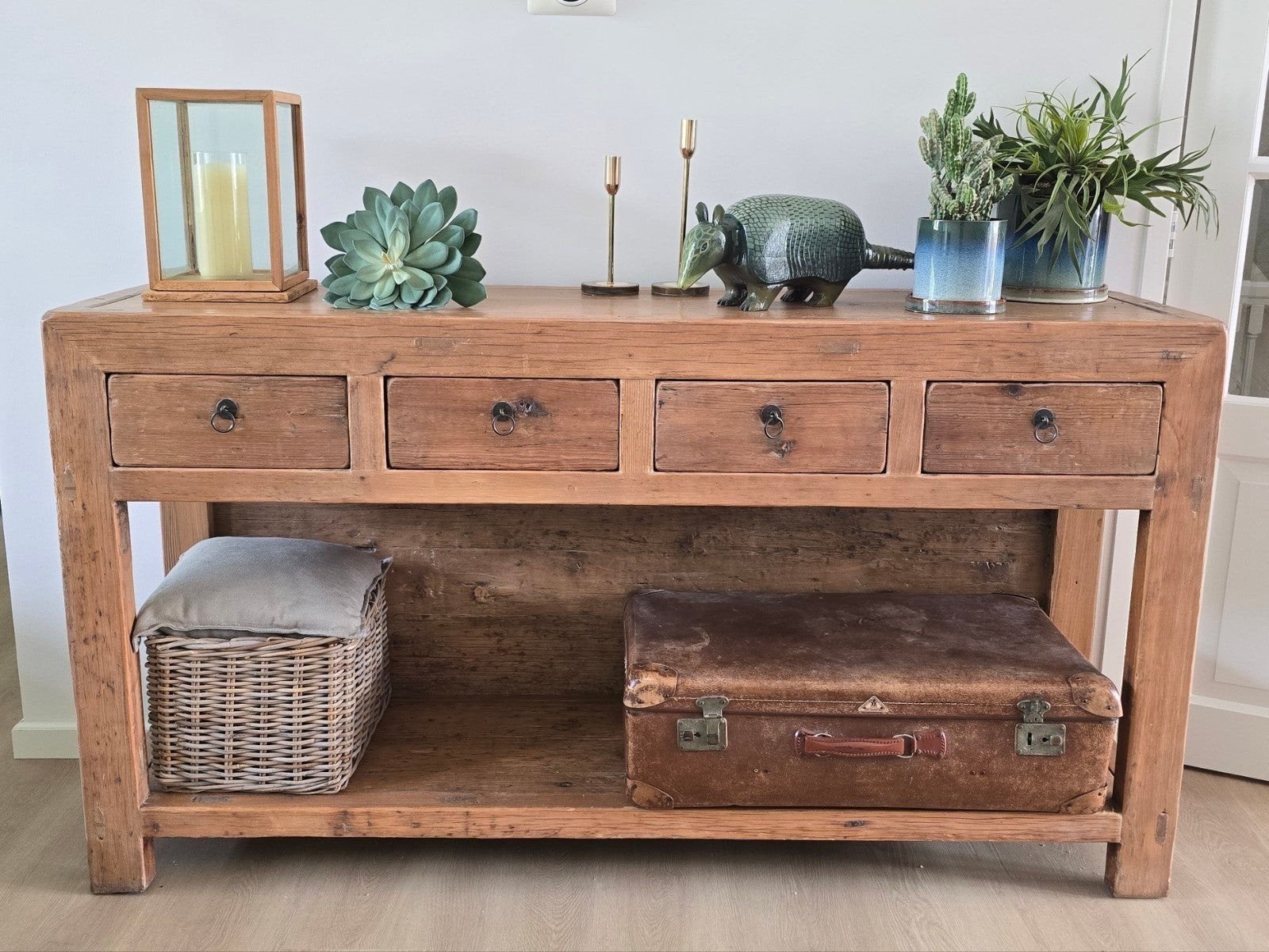 Massief houten sidetable/dressoir met 4 lades en plank, Ophalen, 75 cm of meer, 60 cm of meer, Rechthoekig
