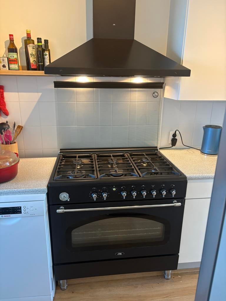 Gasfornuis met afzuigkap 6 pitten en oven 90cm Etna rustique, Ophalen, Gebruikt