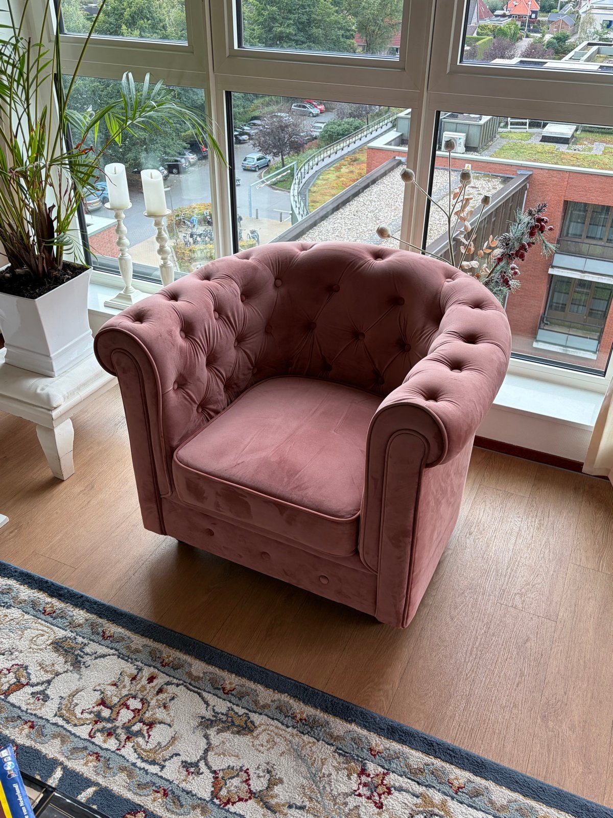 Roze Chesterfield-look fauteuils 2 stuks - Zo goed als nieuw, Ophalen, Overige kleuren, Zo goed als nieuw, Eén