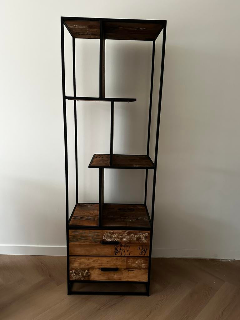 Kast teak hout en zwart staal, Ophalen, Zo goed als nieuw