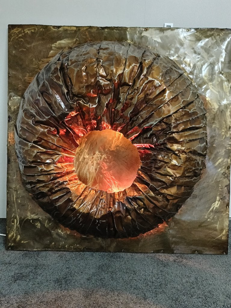 Sfeervolle metalen wanddecoratie 1x1m met verlichting, Ophalen, Metaal, Met verlichting, Industrieel