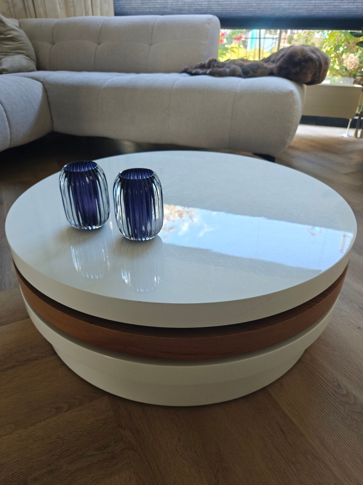 Salontafel Michelle Rond Hoogglans Wit/Bruin Eiken, Ophalen, Gebruikt, 50 tot 100 cm, Rond