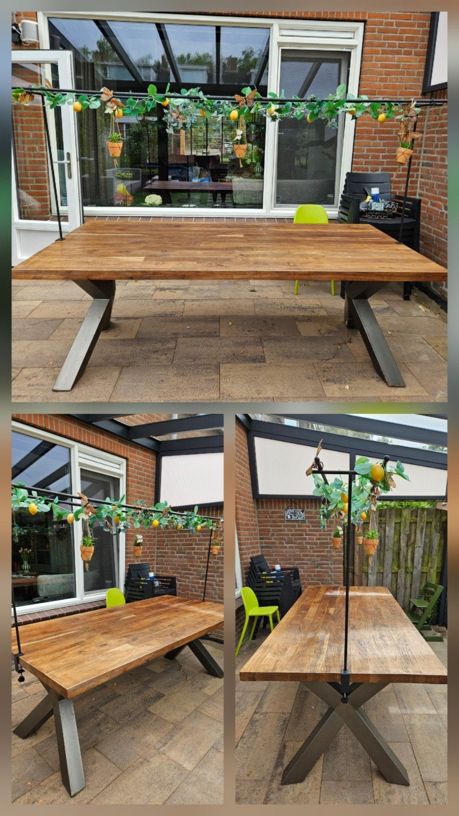 Houten eettafel met metalen onderstel, Ophalen, Gebruikt, Rechthoekig, Hout