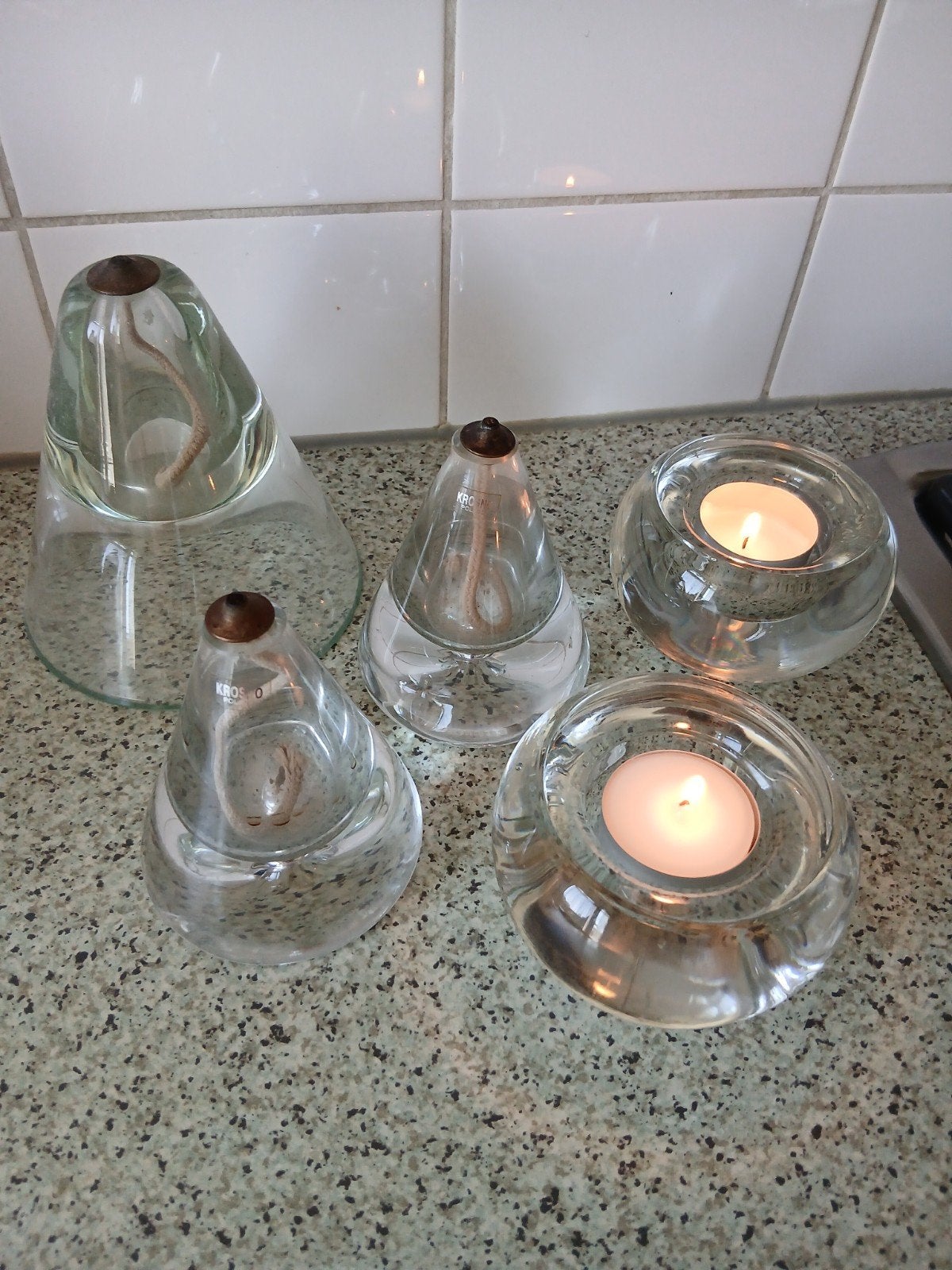 Glazen olielampen en waxinelichthouders set, Ophalen of Verzenden, Gebruikt, Glas, Lantaarn
