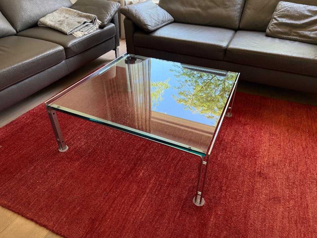 Glazen salontafel met metalen onderstel, Ophalen, Gebruikt, 50 tot 100 cm, Vierkant