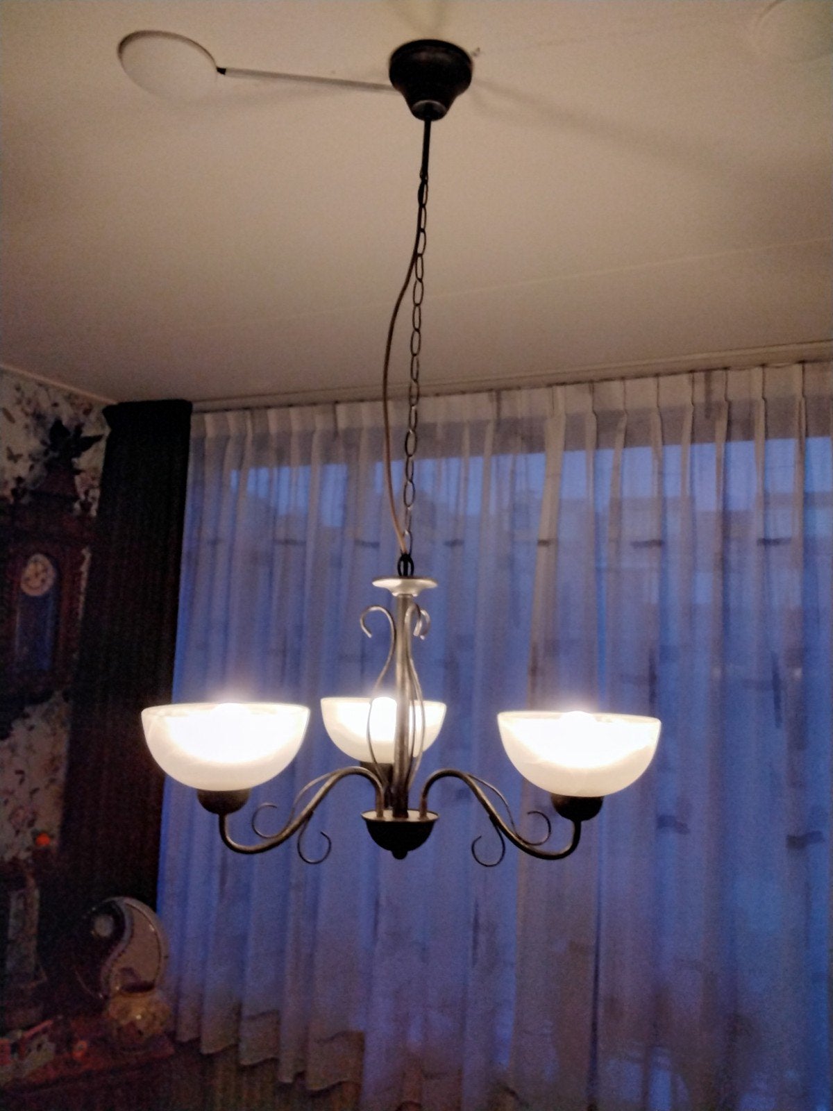 Hanglamp met 3 kelken van gewolkt glas, Ophalen, Gebruikt, Glas