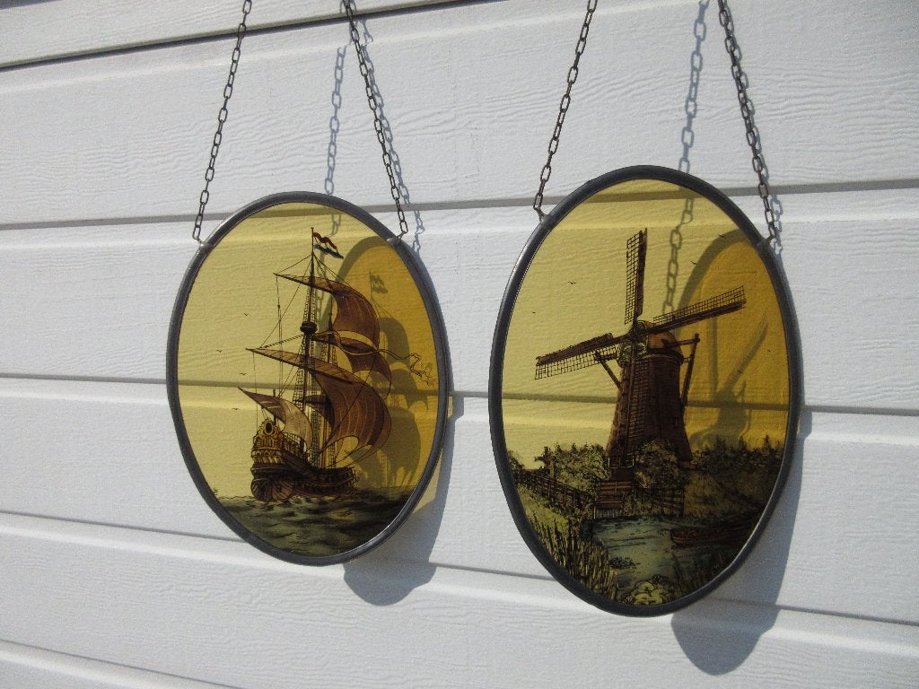 Antiek gebrandschilderd glas met VOC zeilboot en molen, Ophalen of Verzenden